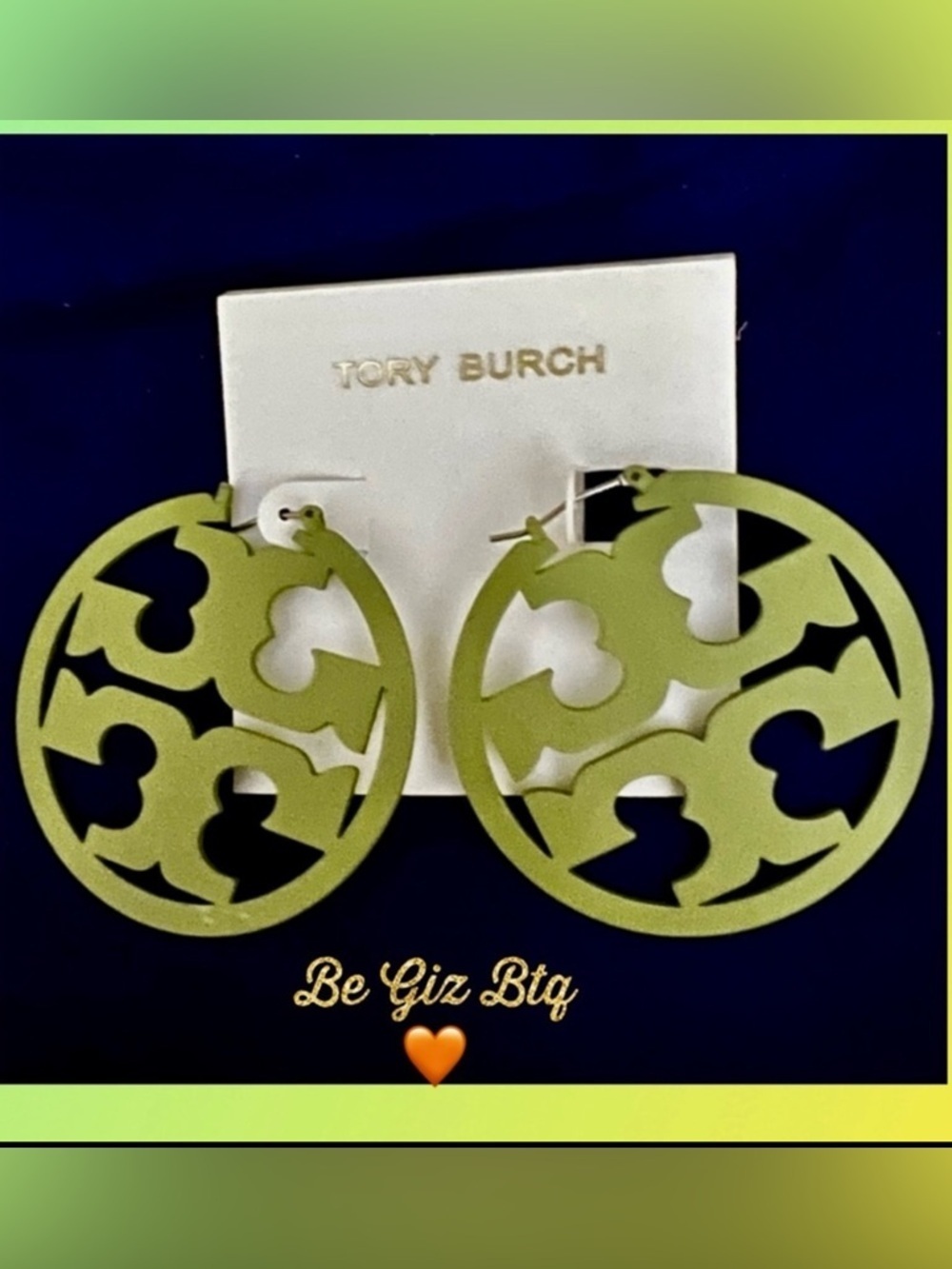 🆕Tory Burch Authentic Military Green Double T Matte Painted Large Hoop Earrings